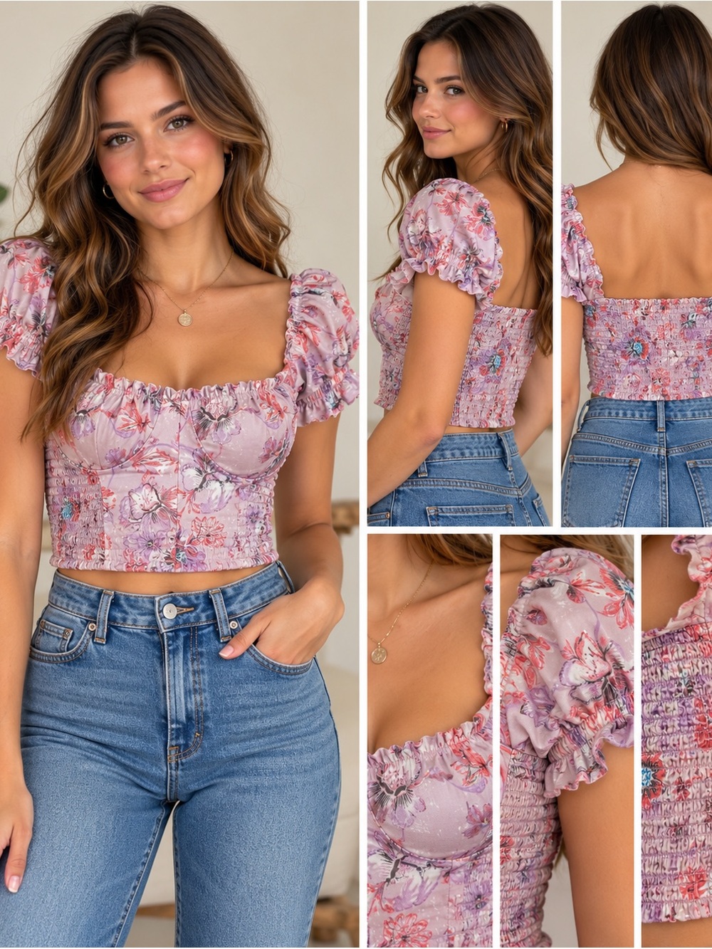 Japna Floral Smocked Crop Top Women’s Small Pink Puff Sleeve Boho Blouse